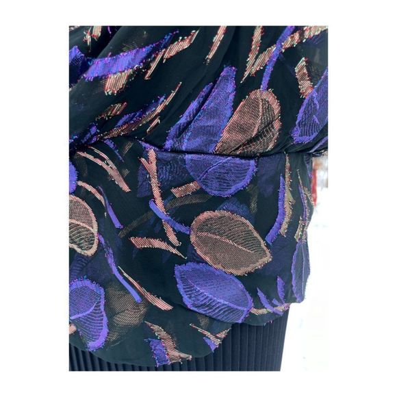 Vintage 80s Blouse Metallic Leaf Print Sheer Open Back Gathered Waist - Picture 10 of 12